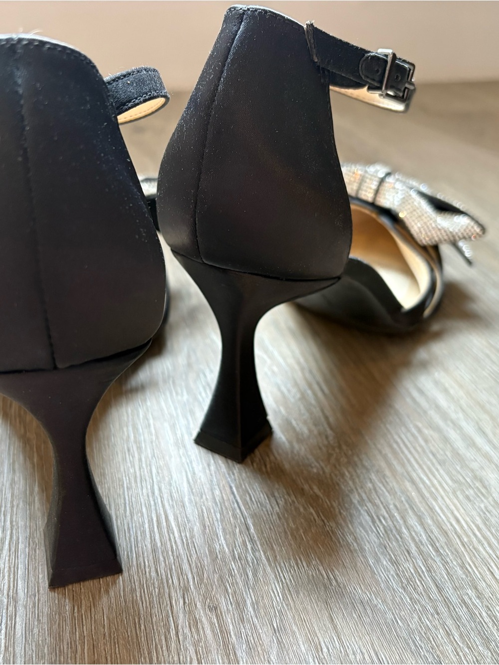 Alex Marie Black Satin Pointed Slingback Heels with Crystal Bow - Picture 4 of 5